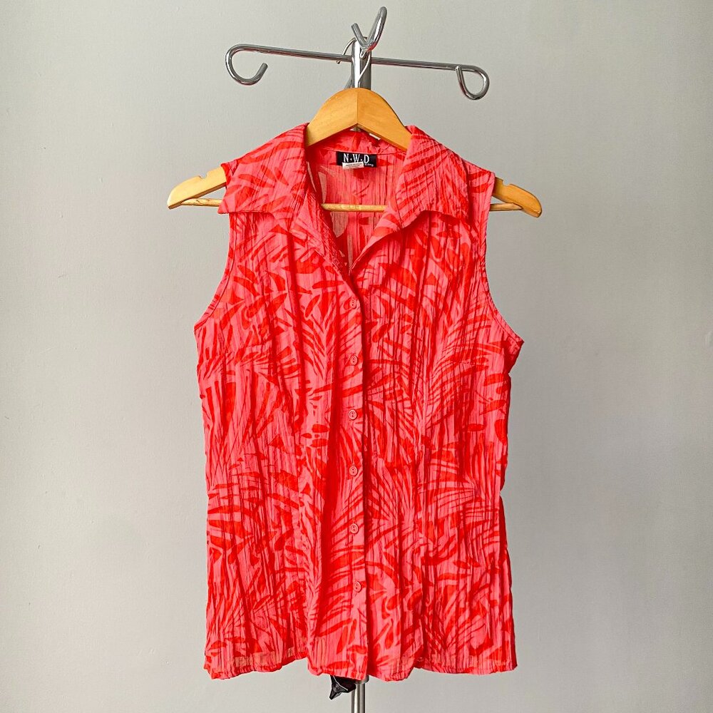 🌿90s Vintage Orange Tropical Leaves Print Sleeveless Pleated Collared Shirt